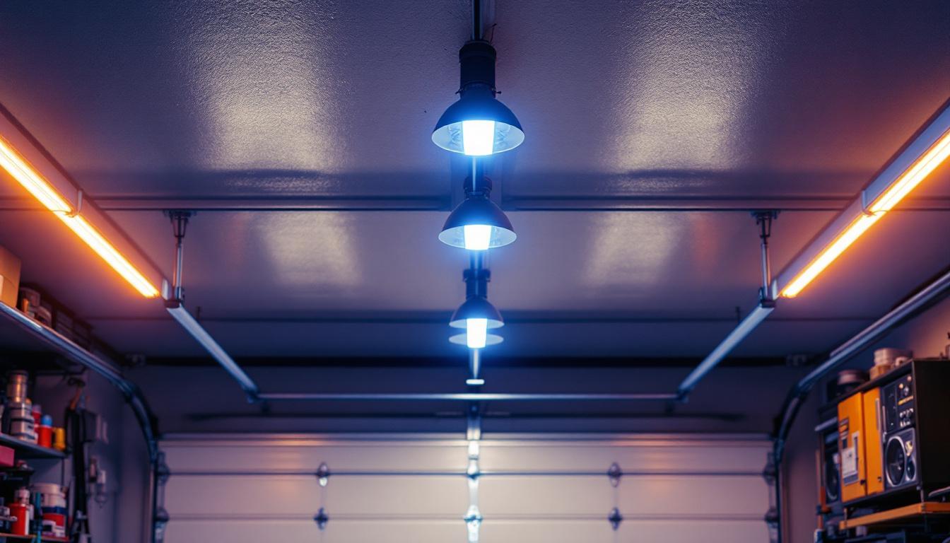 A photograph of a well-lit garage ceiling featuring modern led lights