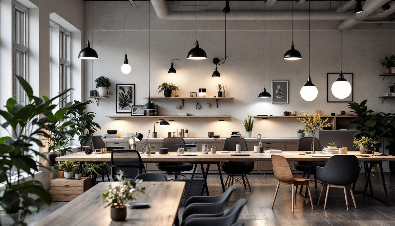 A photograph of a well-lit workspace showcasing a diverse range of modern lighting solutions in use