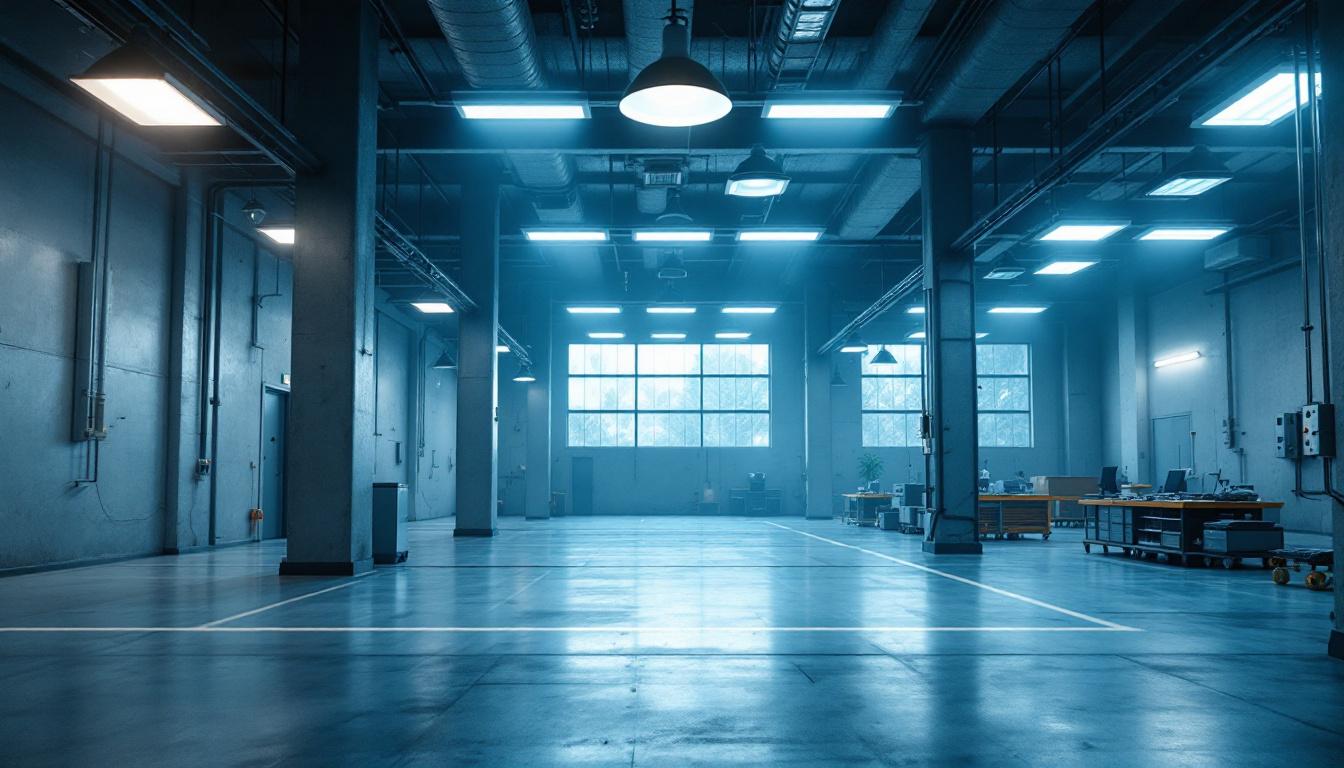 A photograph of a well-lit commercial or industrial space showcasing various lighting fixtures