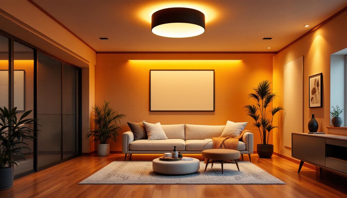 A photograph of a stylishly designed basement space featuring modern ceiling lamps that highlight innovative lighting design