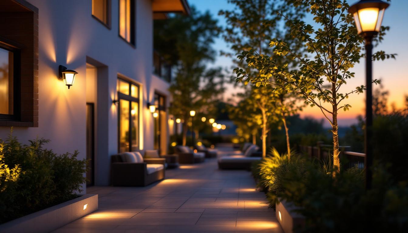 A photograph of a beautifully illuminated outdoor space at dusk