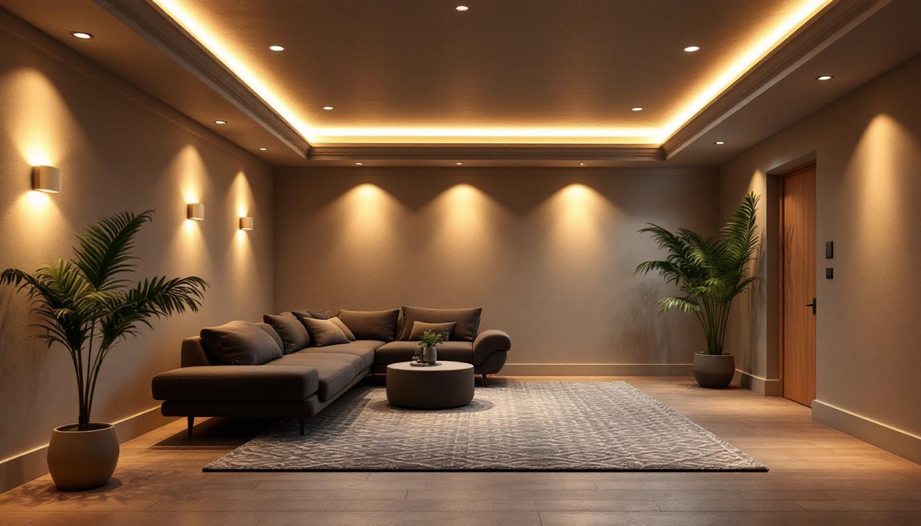 A photograph of a beautifully designed basement space featuring recessed lights that highlight the room's architecture and ambiance