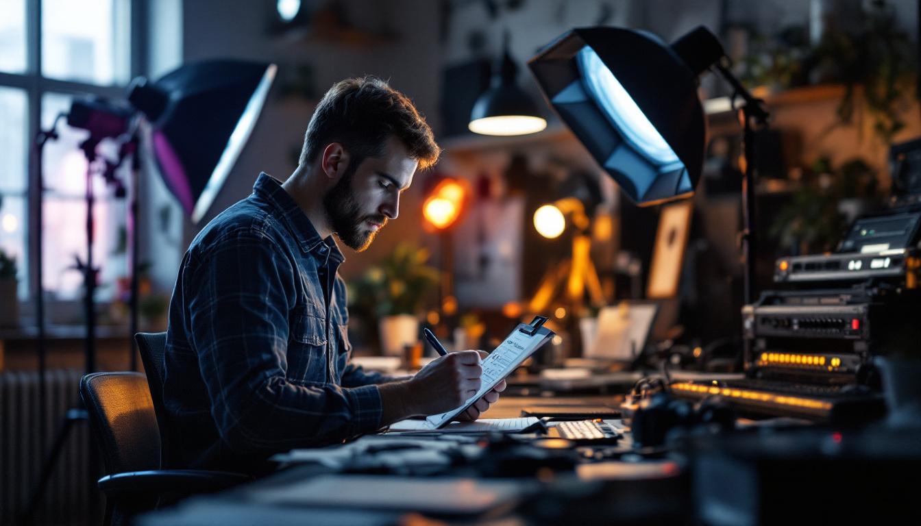 A photograph of a lighting engineer meticulously reviewing their checklist in a well-lit workspace