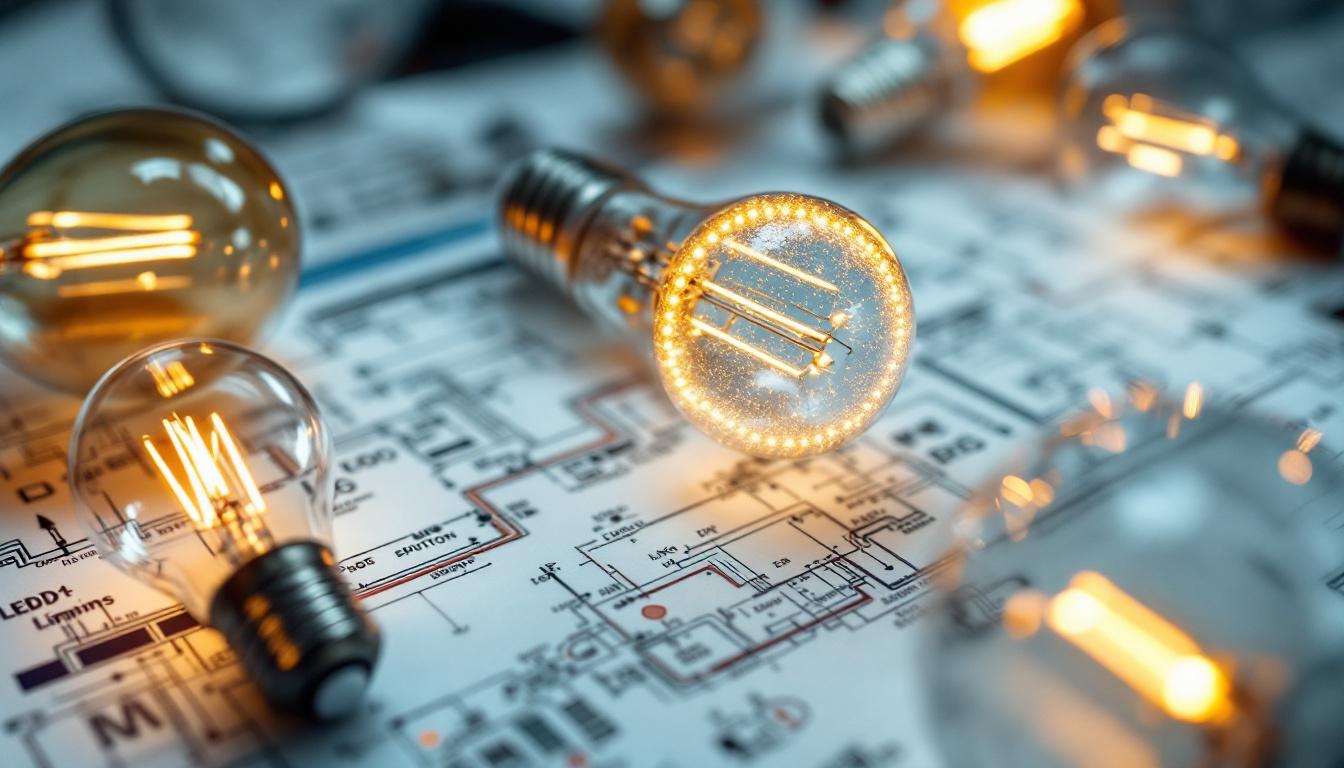 A photograph of a close-up of various types of electrical light bulbs