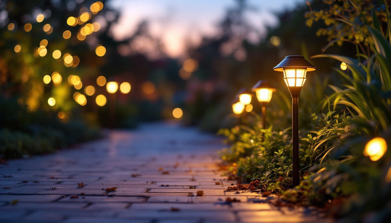 A photograph of capture a photograph of a beautifully illuminated outdoor space featuring solar-powered lights in a garden or pathway setting