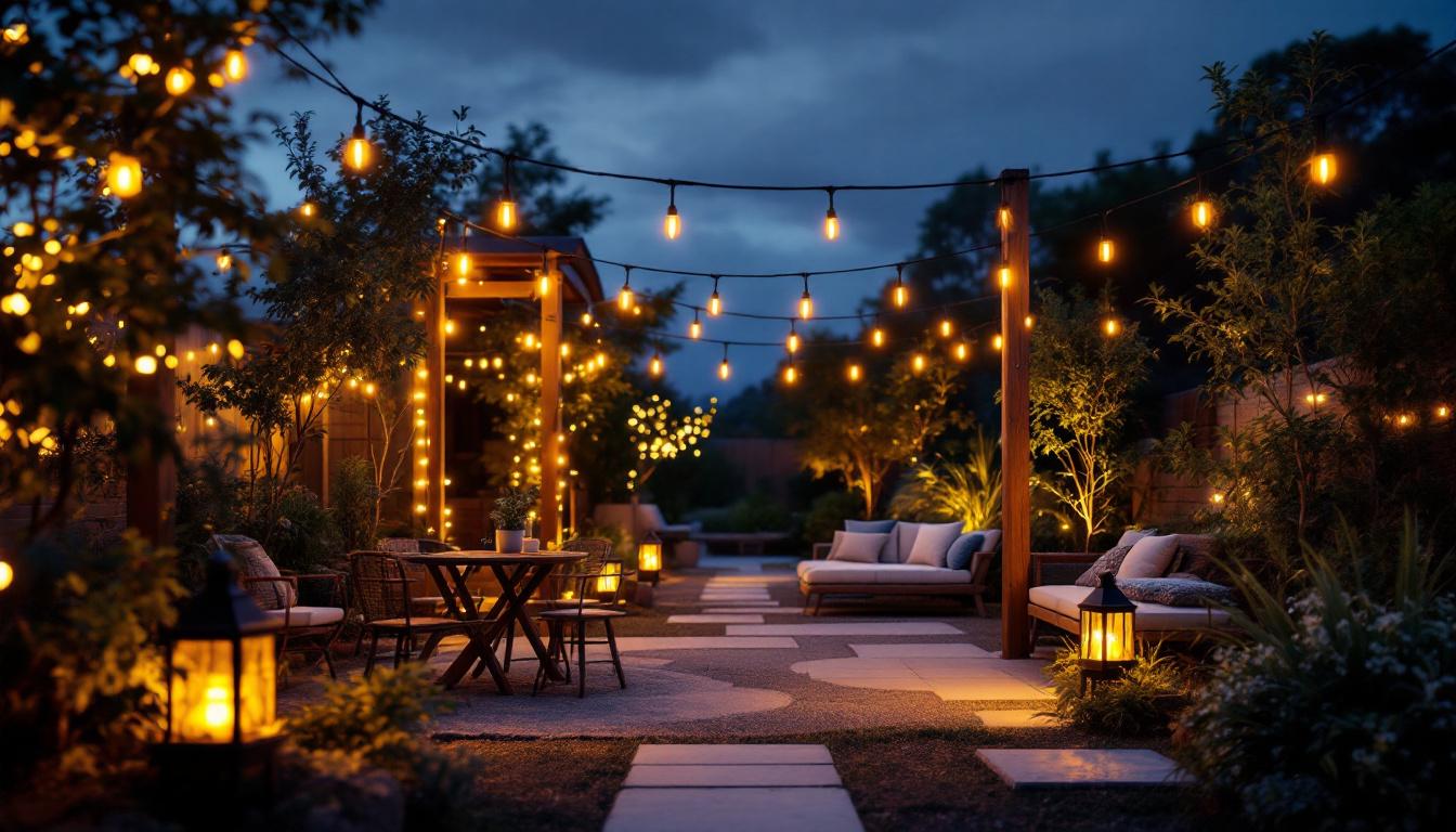 A photograph of a beautifully illuminated outdoor space featuring solar-powered lights