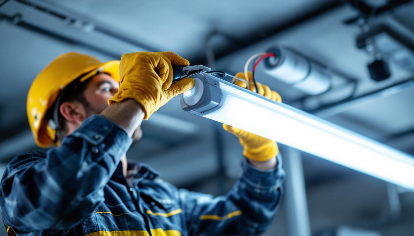A photograph of a close-up shot of an engineer installing a ballast in a fluorescent light fixture