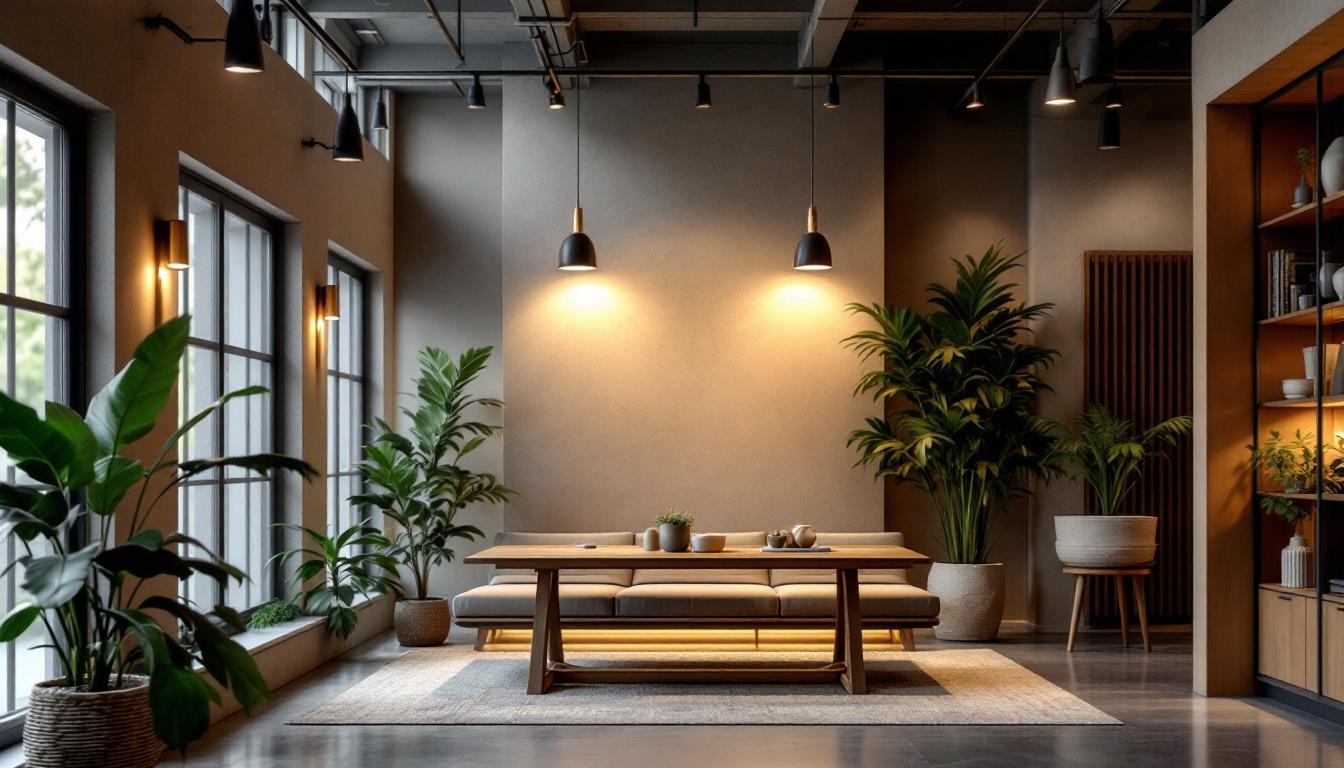 A photograph of a beautifully designed interior space featuring stylish barn lighting fixtures integrated into an advanced lighting system