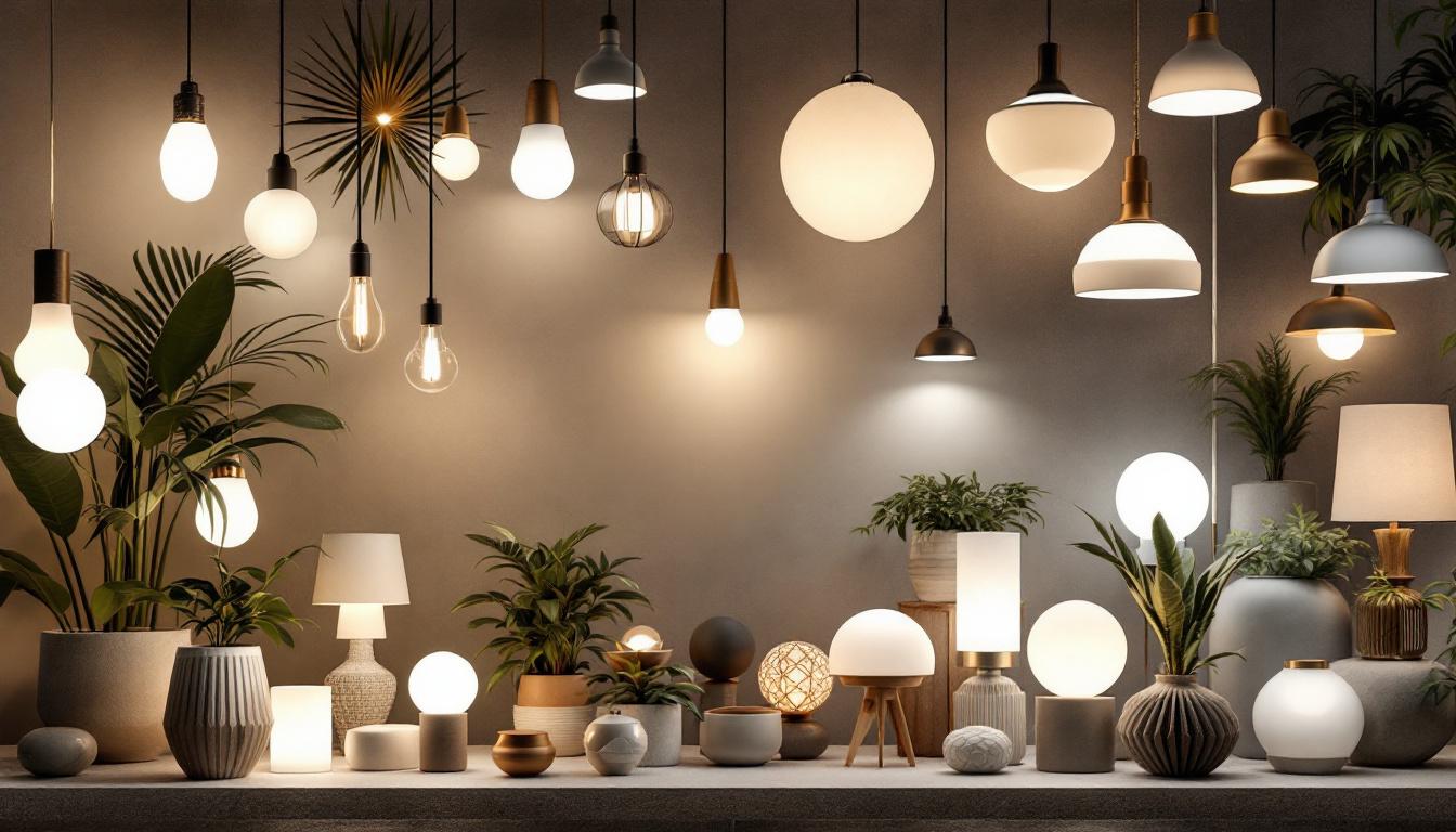 A photograph of a beautifully arranged display of various lighting fixtures in an aesthetically pleasing setting