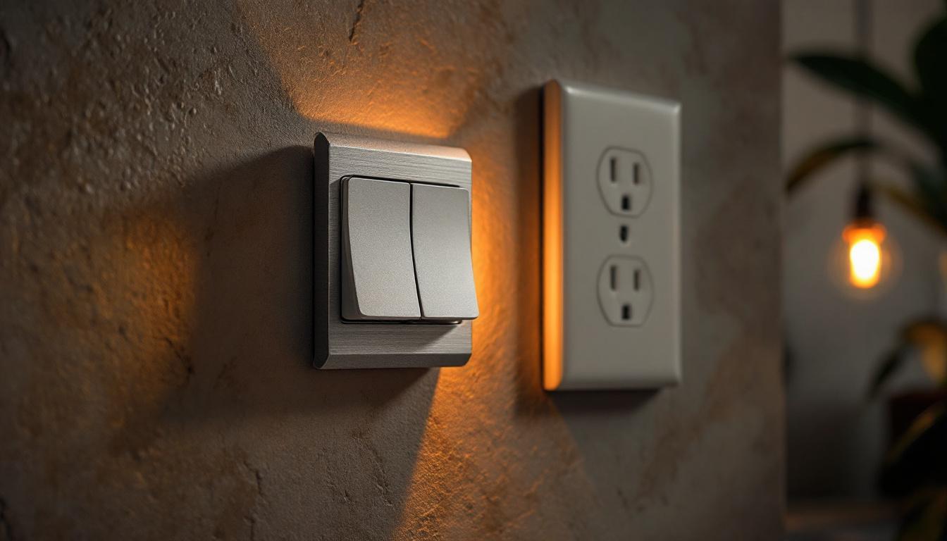 A photograph of a close-up of a stylish light switch alongside an electrical outlet