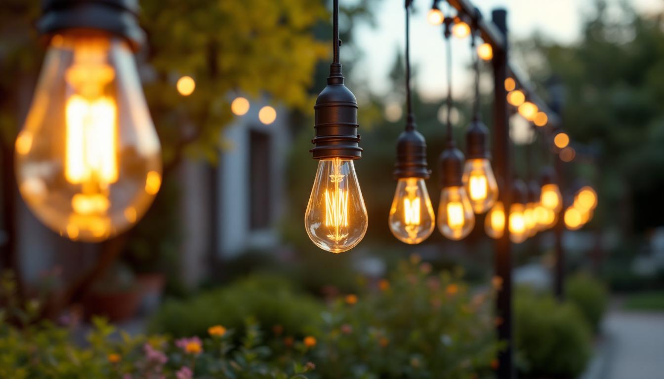 A photograph of an elegantly designed outdoor lighting installation featuring incandescent bulbs