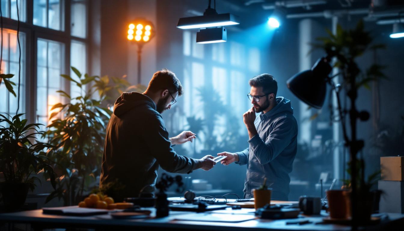 A photograph of a high-tech engineering workspace featuring a powerful lighting setup