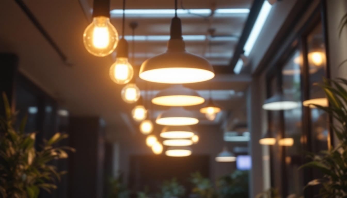 A photograph of a well-lit indoor or outdoor space showcasing various types of lighting fixtures in use