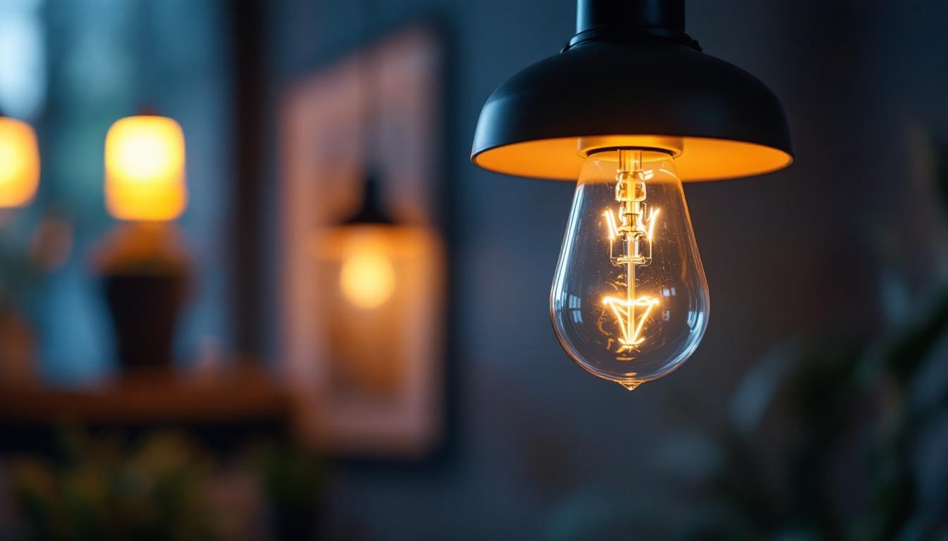 A photograph of capture a photograph of a type g bulb illuminated in a stylish lighting fixture