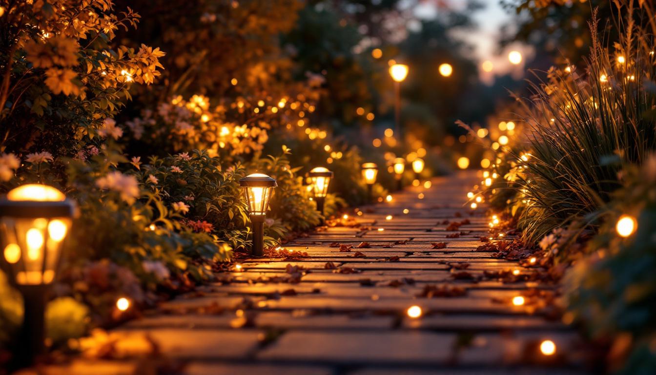 A photograph of a beautifully illuminated outdoor path featuring solar-powered lights at dusk