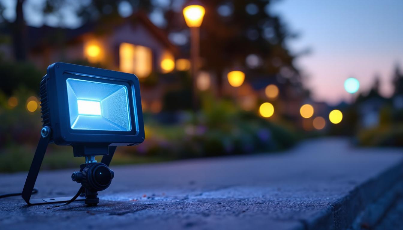 A photograph of a well-lit outdoor scene showcasing various flood lights in use during dusk or nighttime