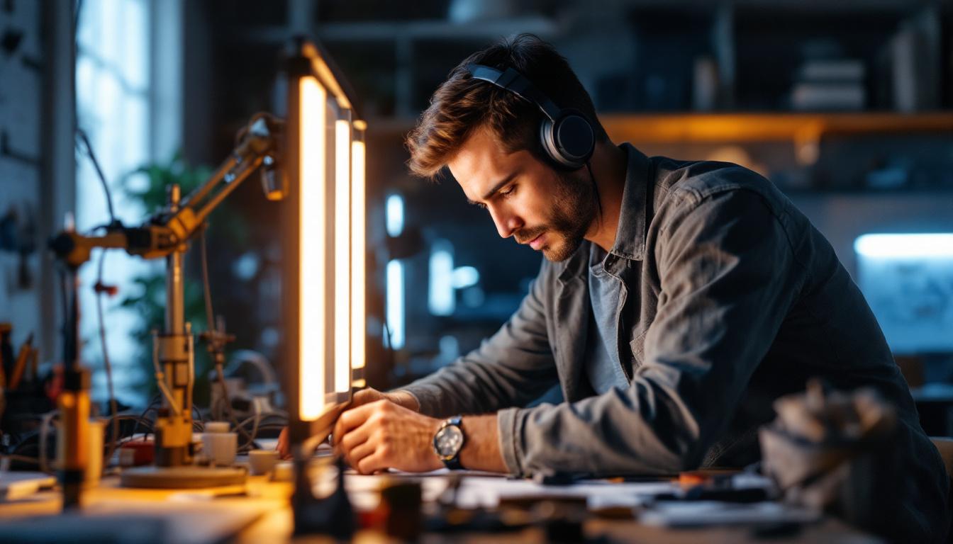 A photograph of a modern electrical engineer working with a sleek frame light led installation