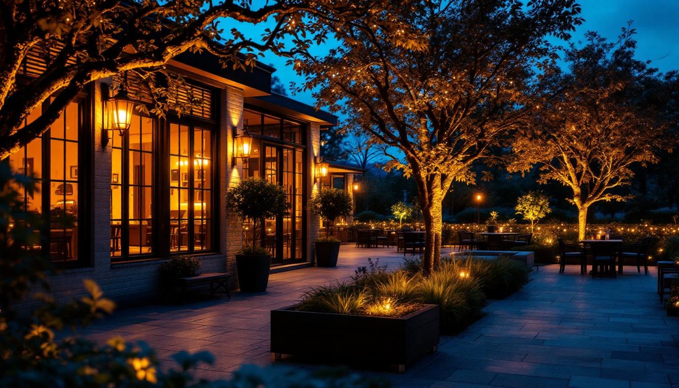 A photograph of a beautifully illuminated outdoor space at dusk