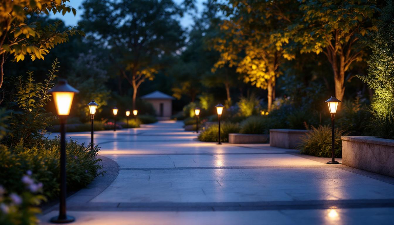 A photograph of a beautifully illuminated outdoor space featuring solar lights