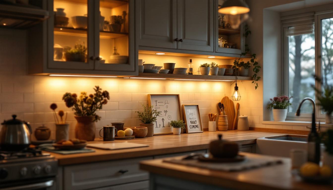 A photograph of a cozy kitchen scene featuring well-placed under-cabinet lighting that highlights the countertops and creates a warm ambiance