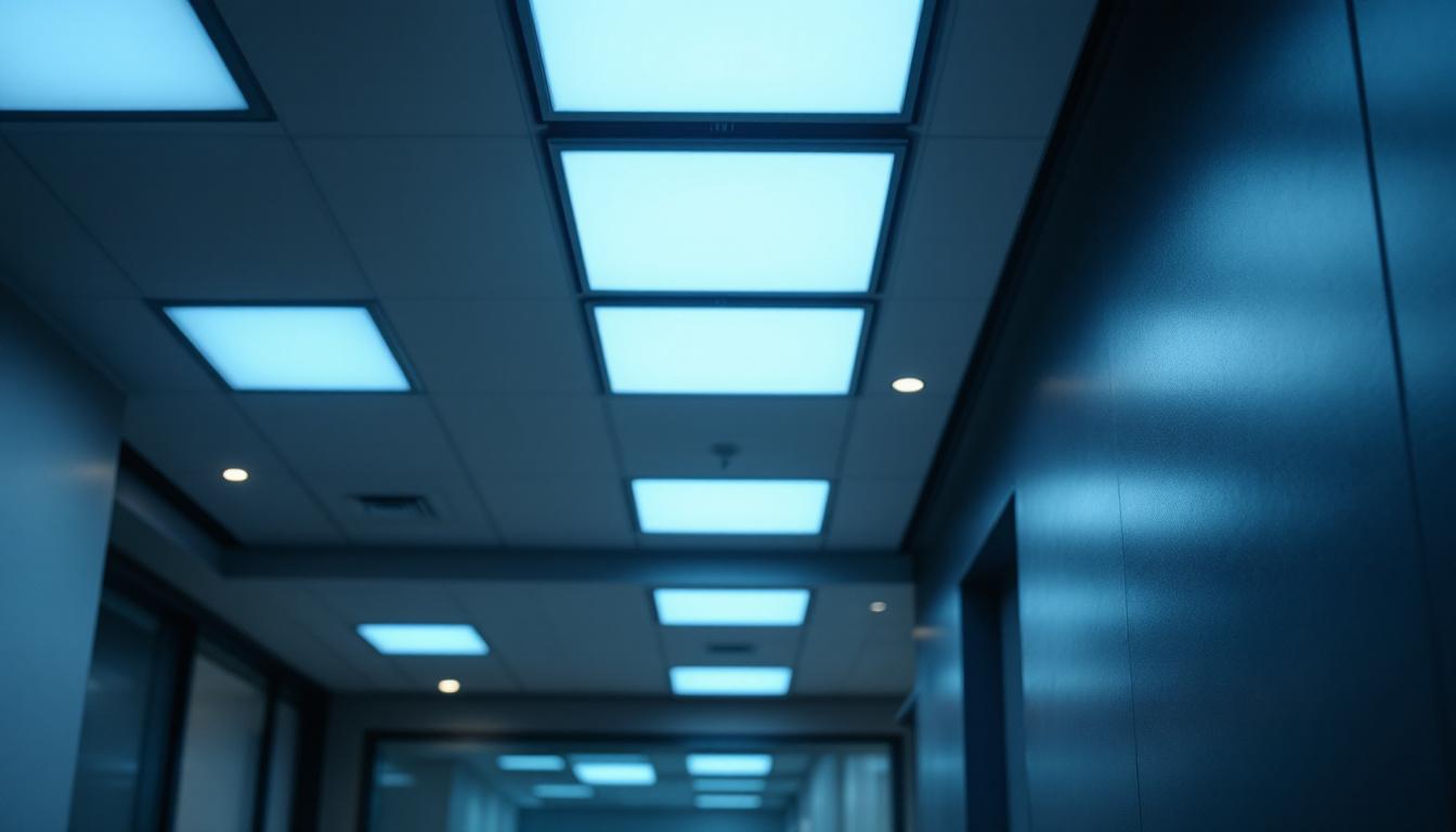 A photograph of a modern drop-in ceiling panel installation featuring led lighting