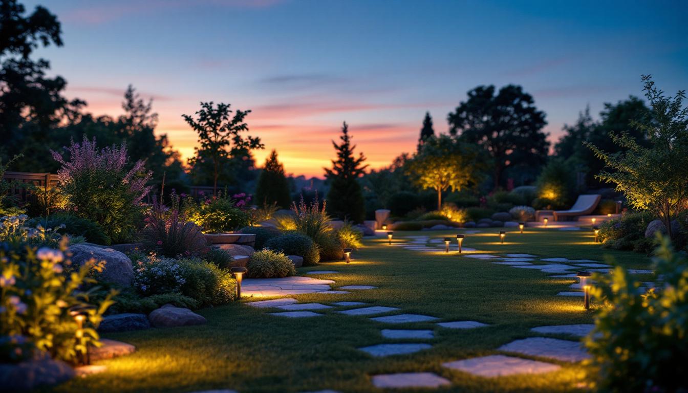 A photograph of a beautifully illuminated outdoor garden at dusk