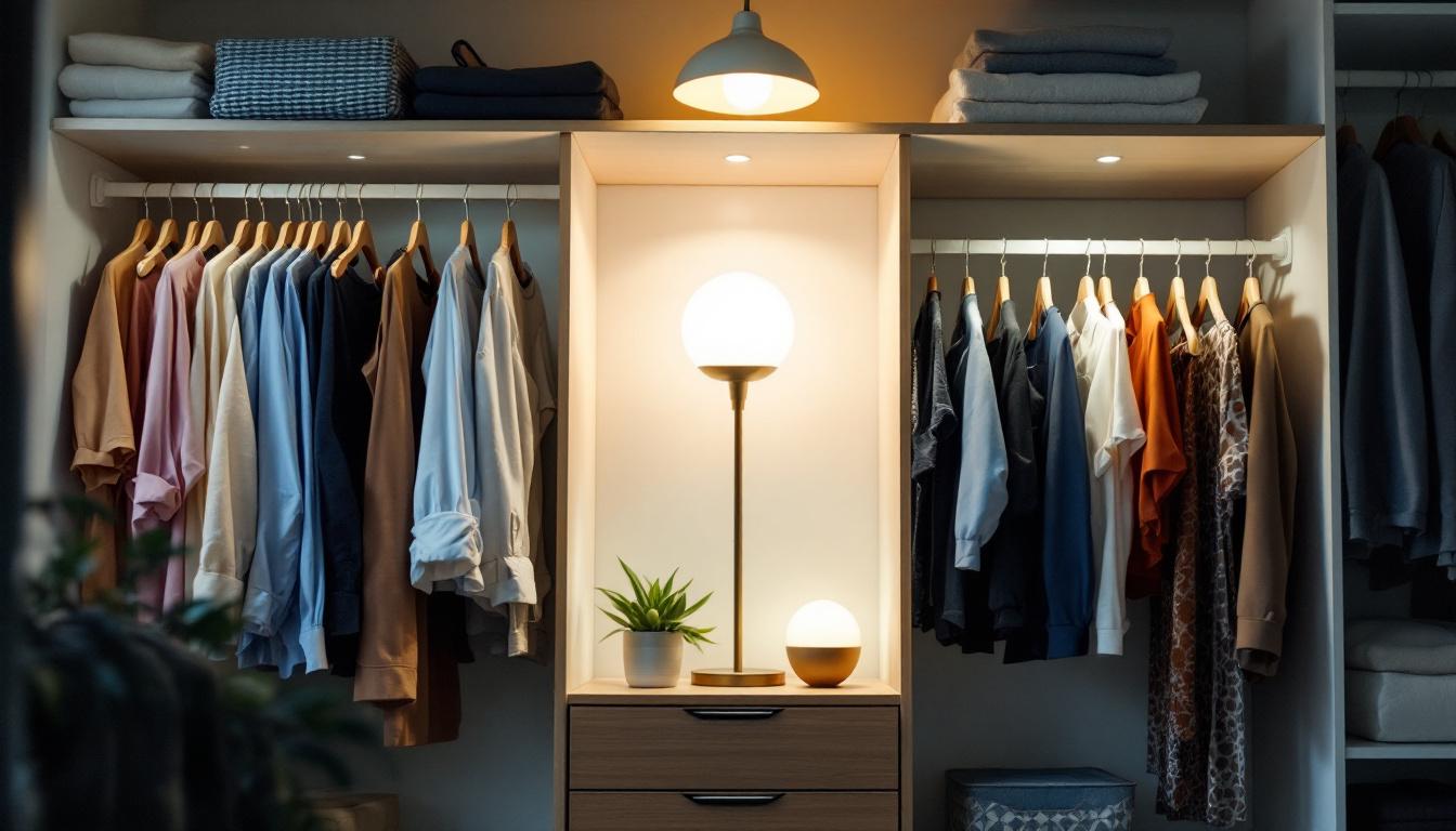 A photograph of a well-organized closet featuring a variety of lighting fixtures