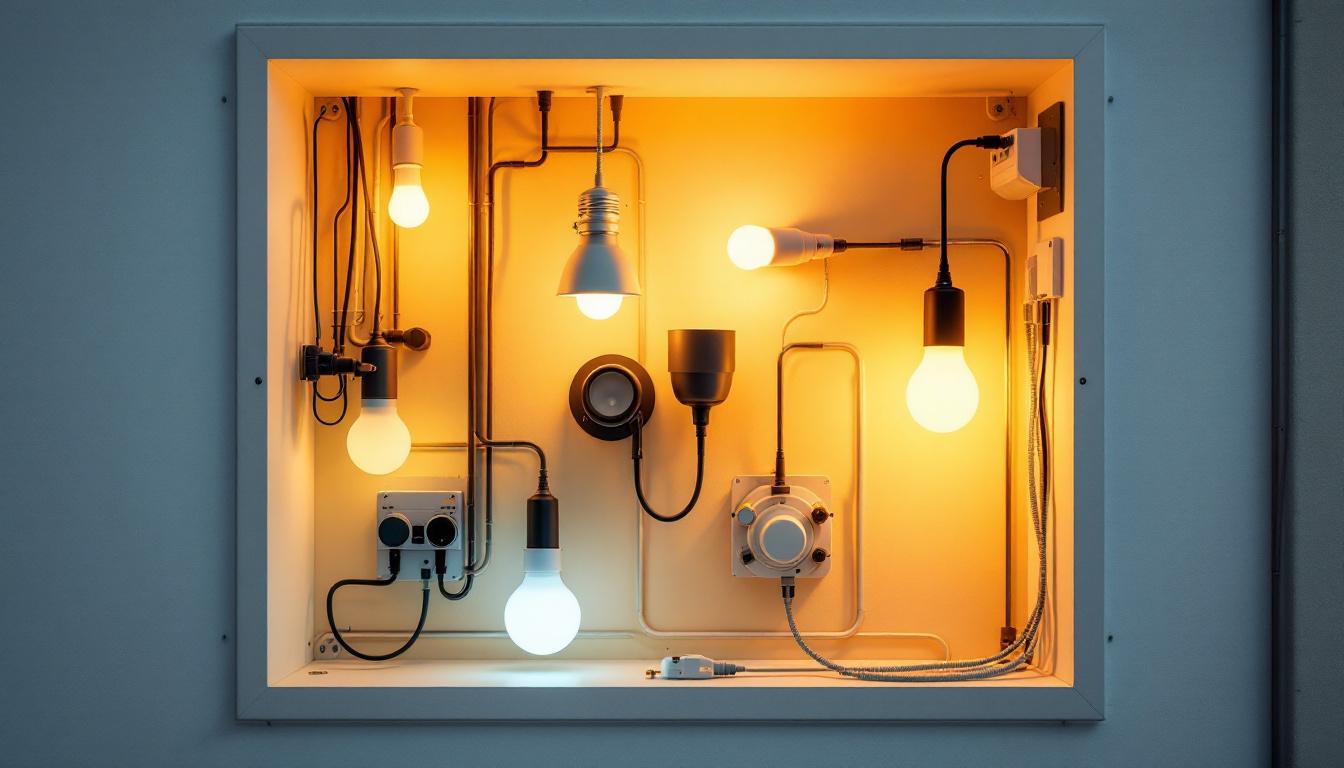 A photograph of a well-organized electrical box with various lighting fixtures and wiring
