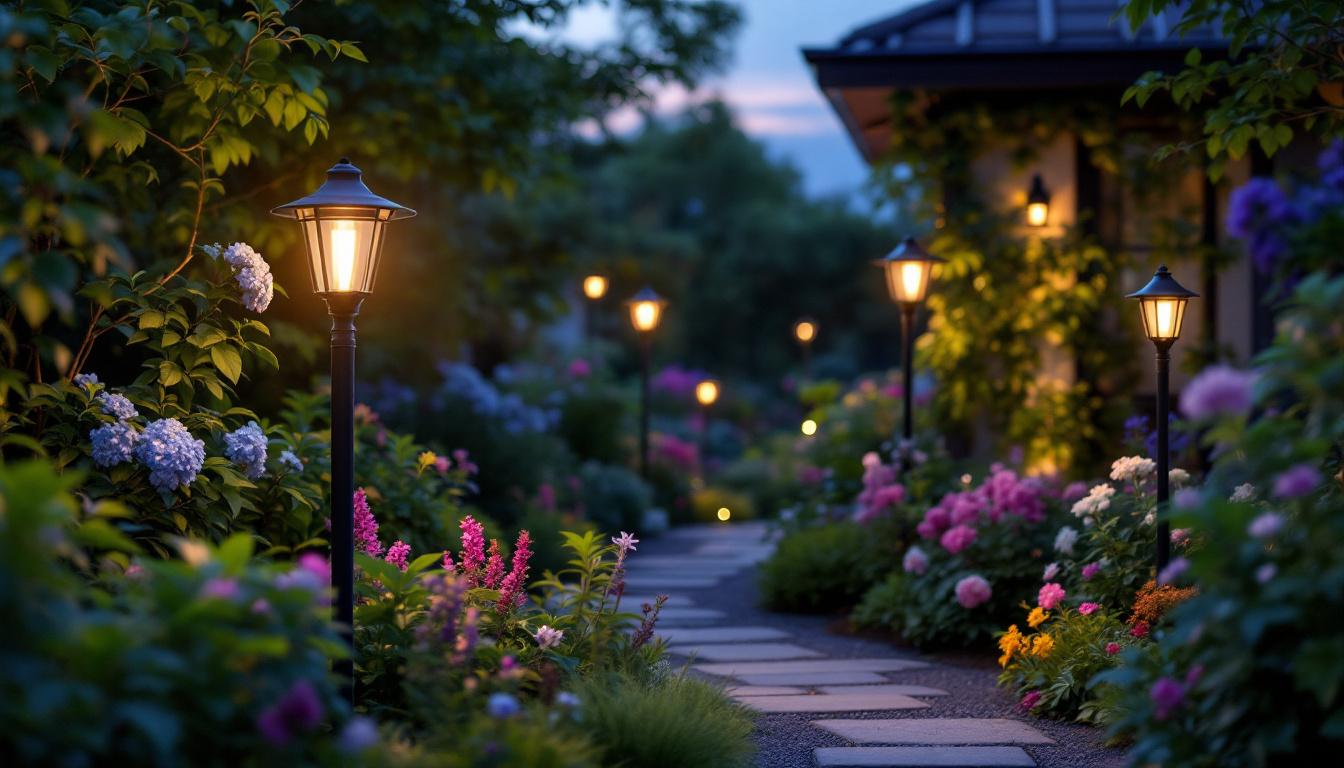 A photograph of a beautifully illuminated outdoor garden setting at dusk