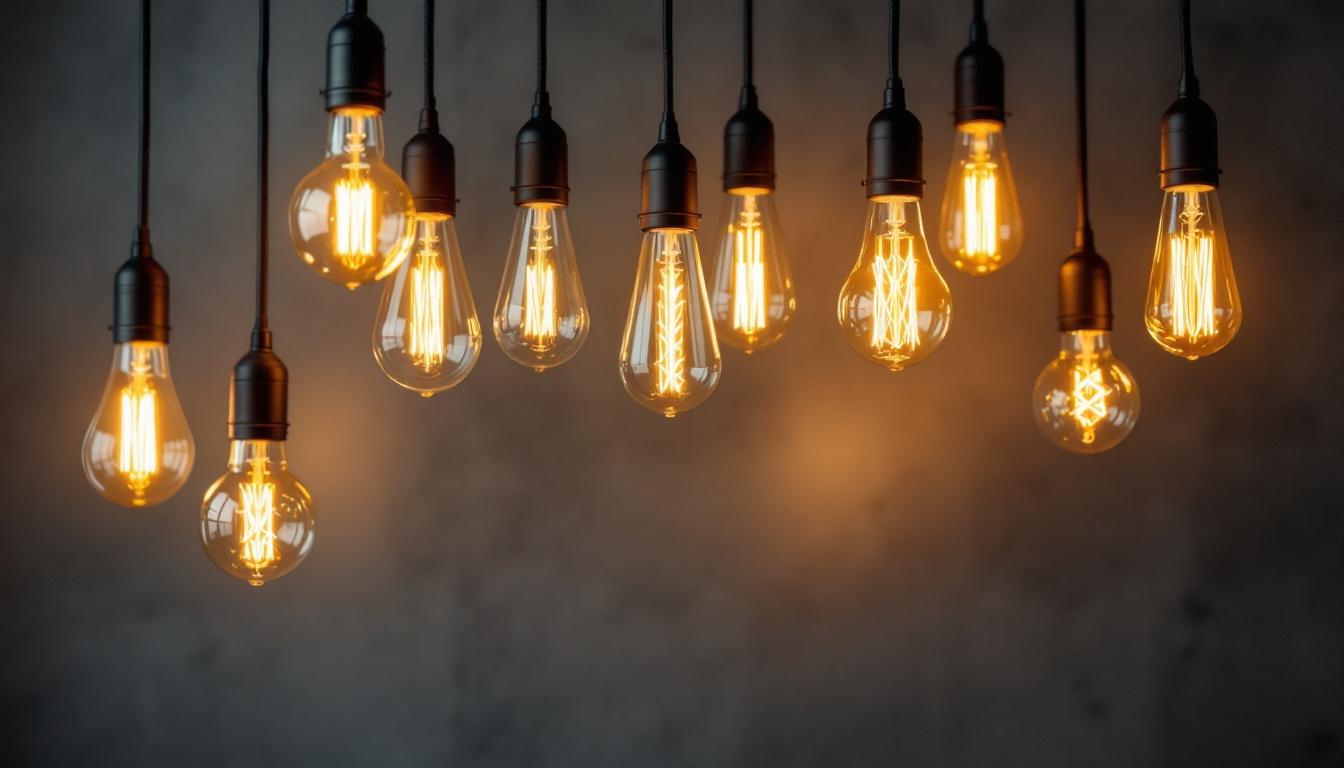 A photograph of a beautifully arranged pendant light fixture featuring an array of decorative light bulbs