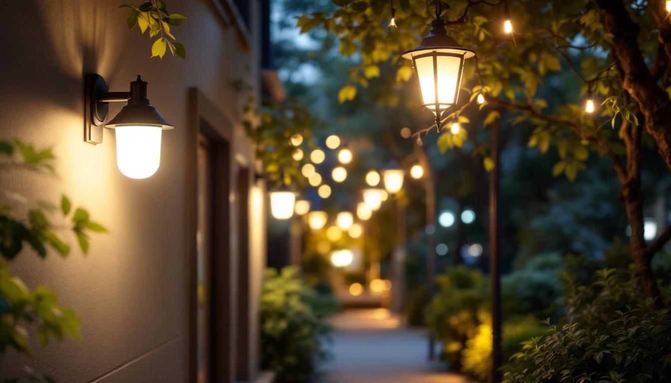 A photograph of a well-lit outdoor space showcasing various types of outdoor lighting fixtures