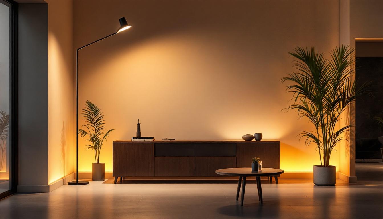 A photograph of a modern indoor space featuring sleek pole lighting fixtures