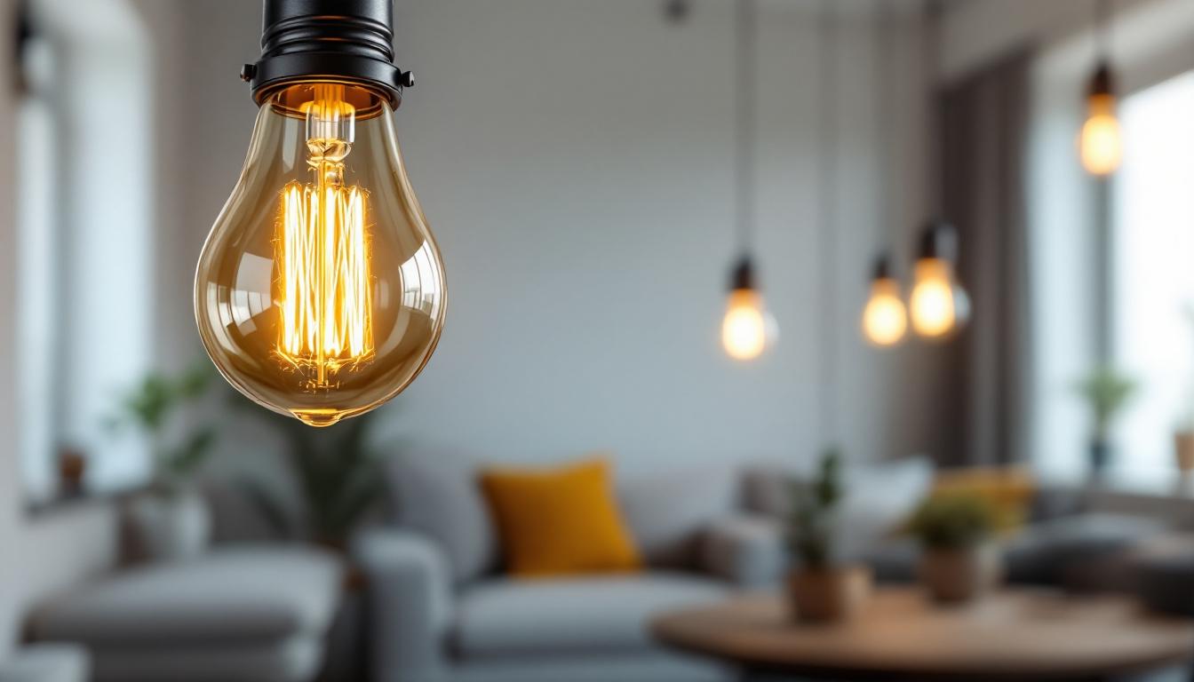 A photograph of a stylish and well-lit bulb fixture in a modern interior setting