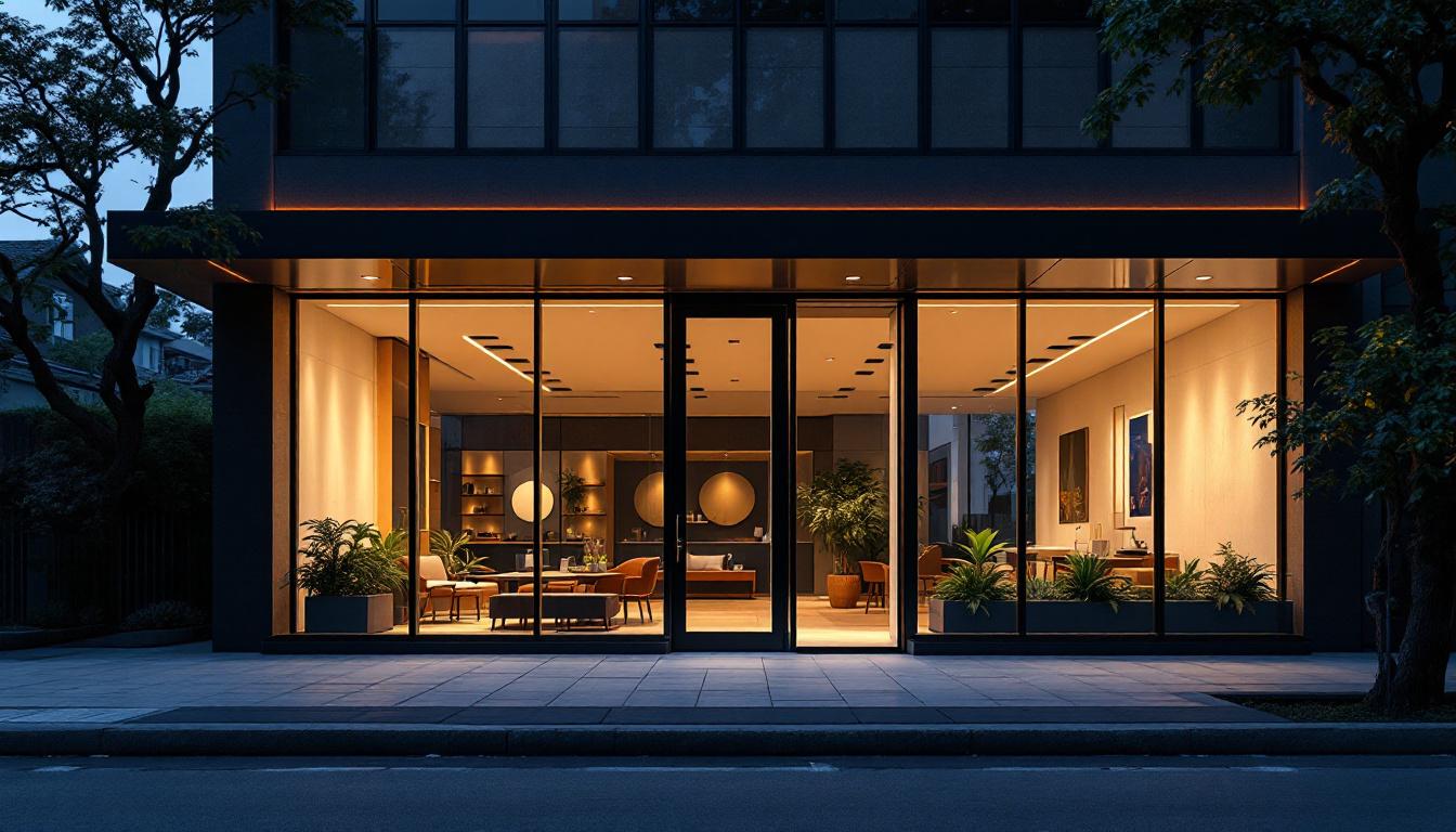 A photograph of a modern storefront illuminated by an advanced lighting system at dusk