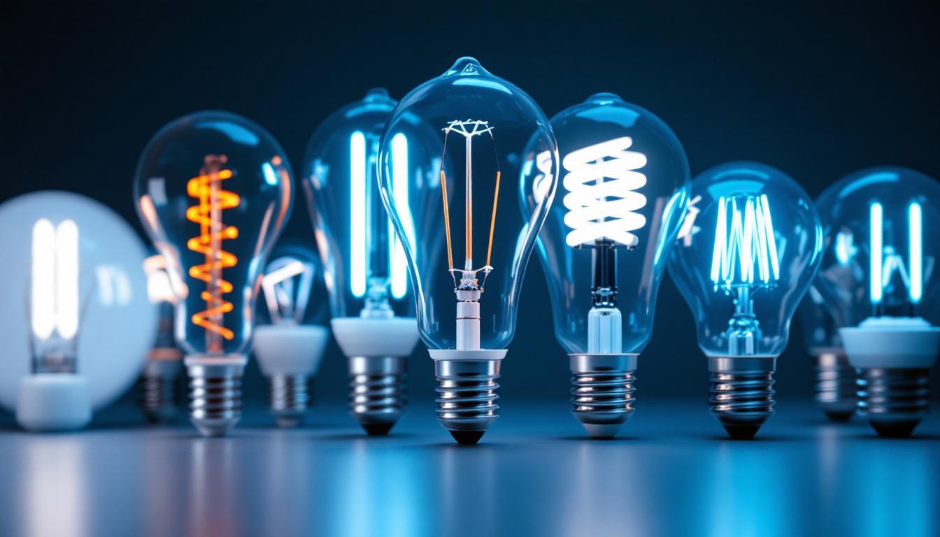 A photograph of a close-up shot of various types of fluorescent light bulbs