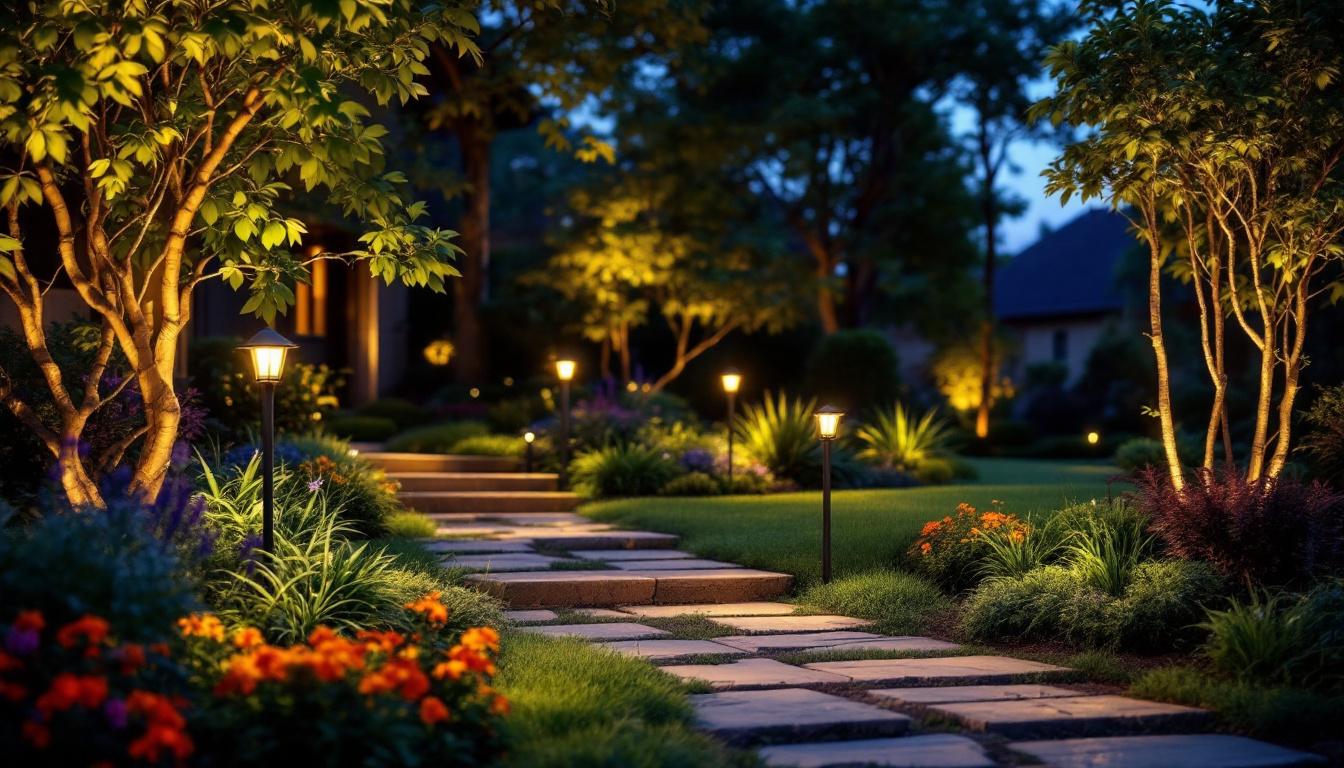 A photograph of a beautifully illuminated outdoor landscape featuring strategically placed landscape led lights that enhance the natural beauty of the surroundings while showcasing the warm ambiance and energy efficiency of modern lighting design