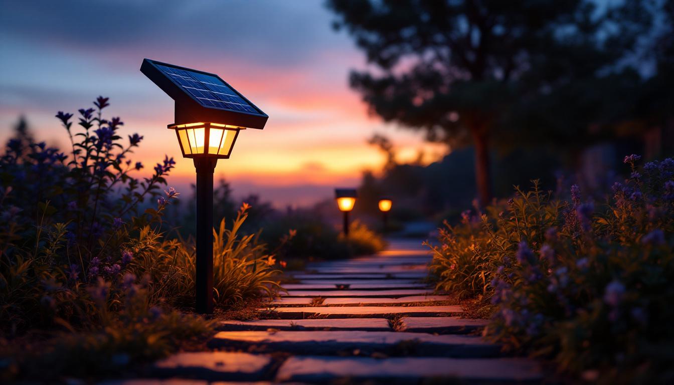 A photograph of a solar-powered dusk-to-dawn light illuminating a pathway or garden at twilight
