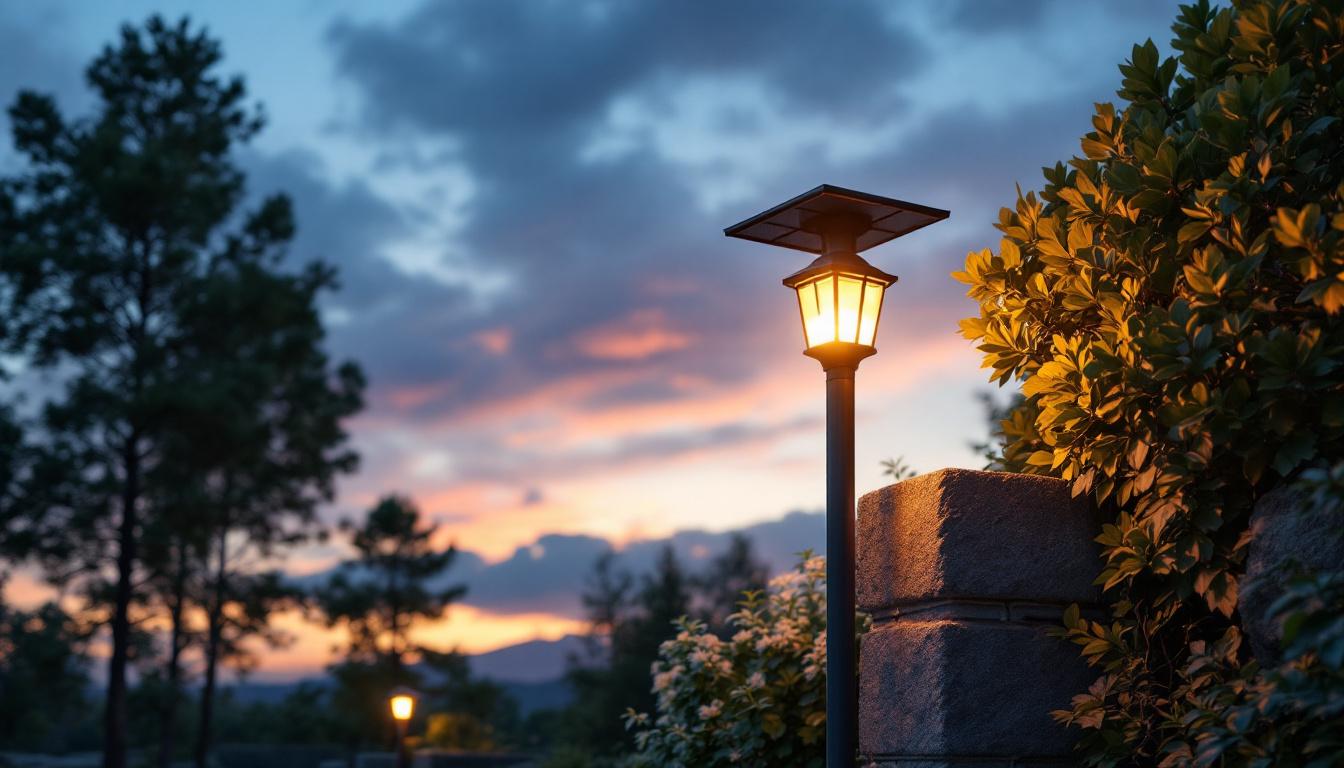 A photograph of a beautifully designed solar gate post lamp illuminated at dusk