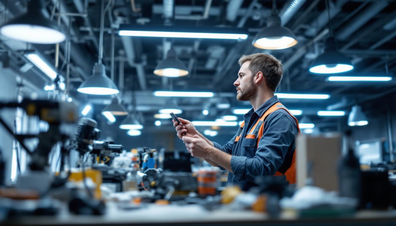 A photograph of a skilled electrical engineer examining a modern commercial lighting installation