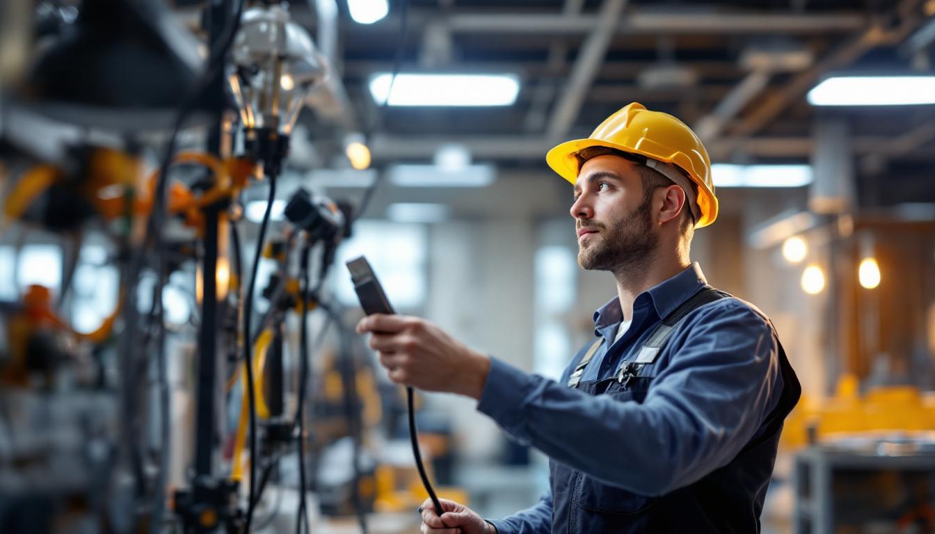 A photograph of a professional engineer examining lighting fixtures in a well-lit workspace