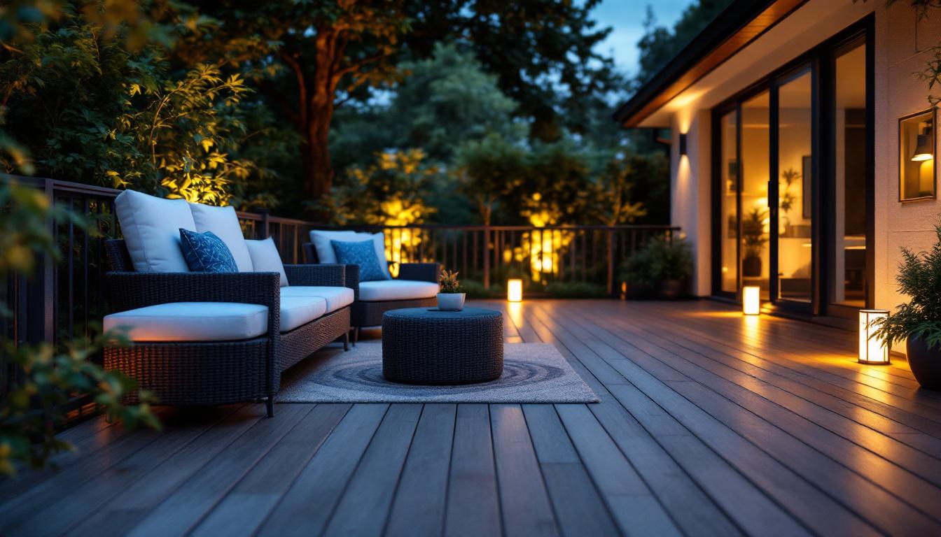 A photograph of a beautifully designed outdoor deck illuminated by solar power deck lights at dusk