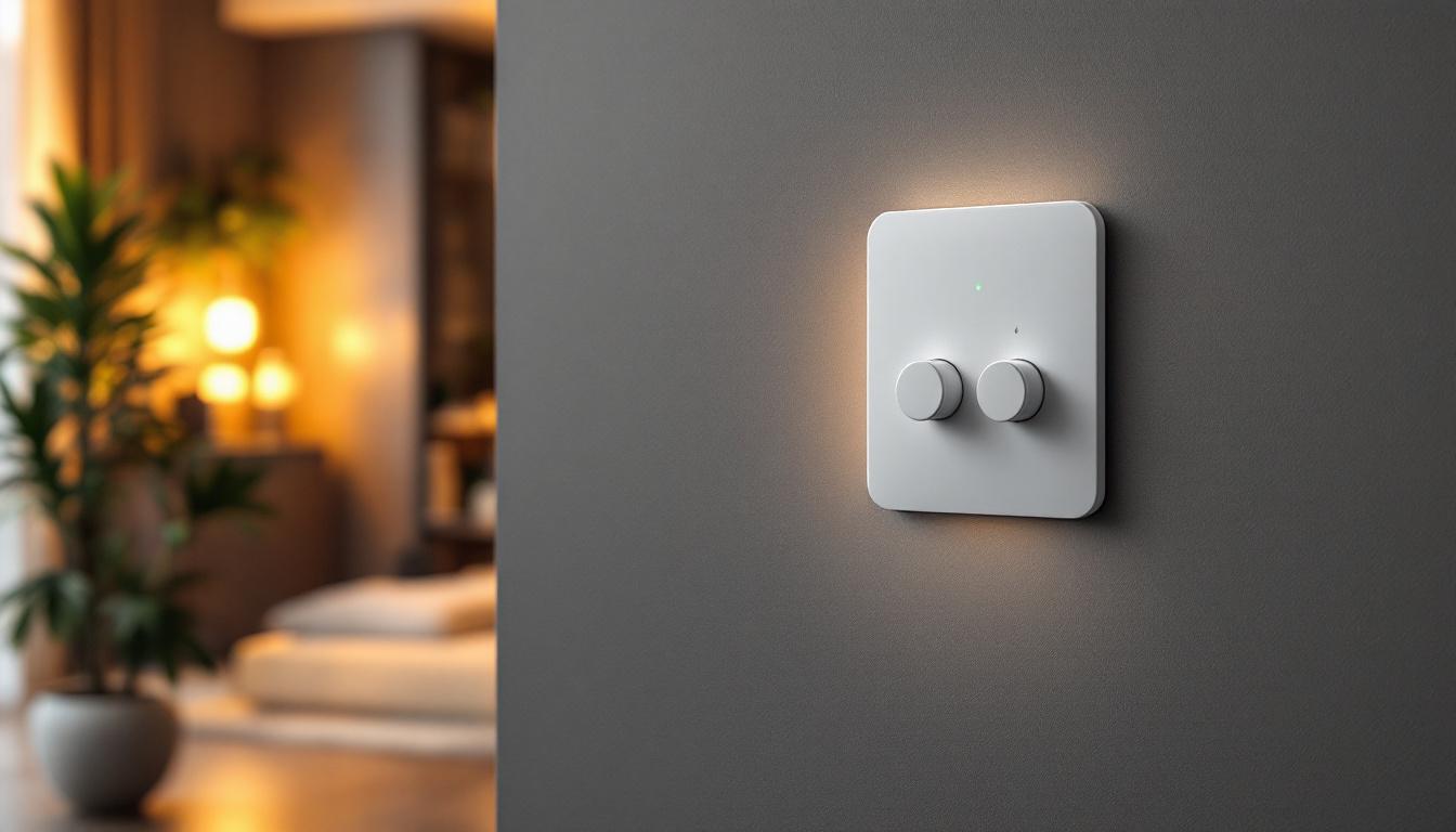 A photograph of a modern smart wifi switch installed in a stylish home setting