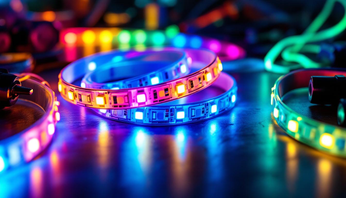 A photograph of a close-up shot of vibrant small led light strips illuminated in various colors