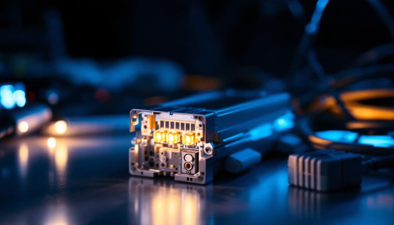 A photograph of a close-up of an electronic ballast alongside various electrical lighting components