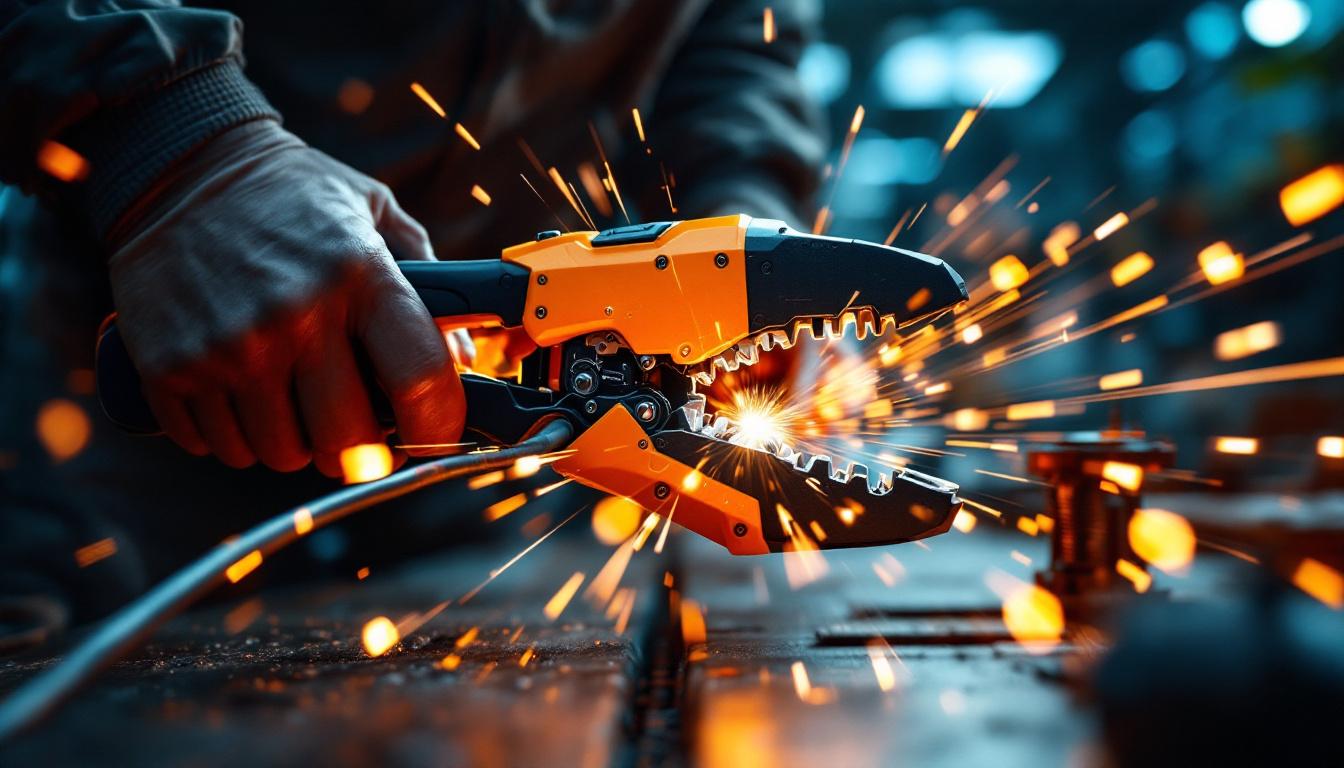 A photograph of a high-leverage cable cutter in action