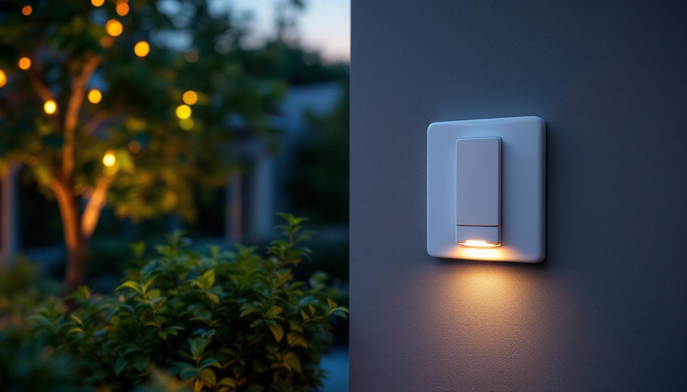 A photograph of a light sensor outdoor switch installed in a garden setting at dusk