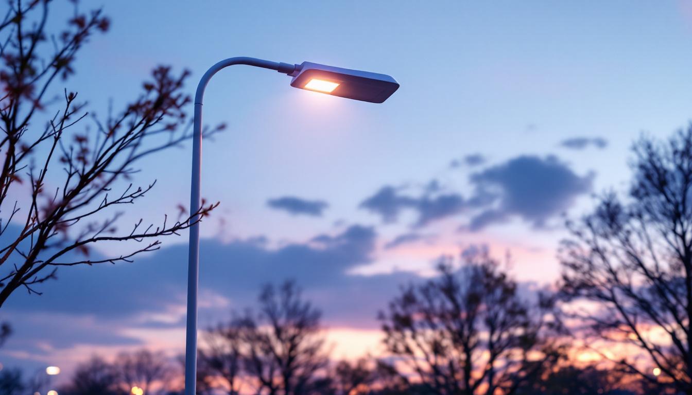 A photograph of a modern lamp post with a sleek sleeve design