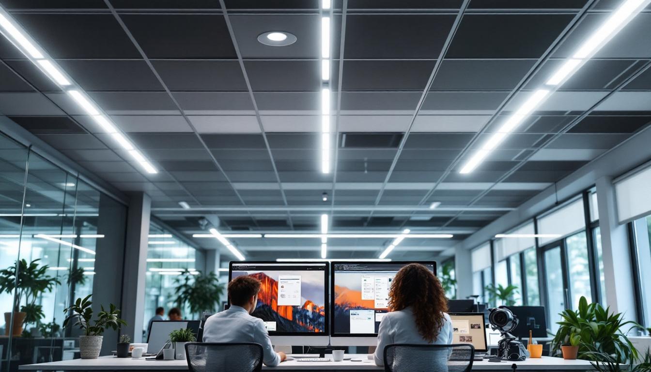A photograph of a modern office space featuring led ceiling grid lights in action