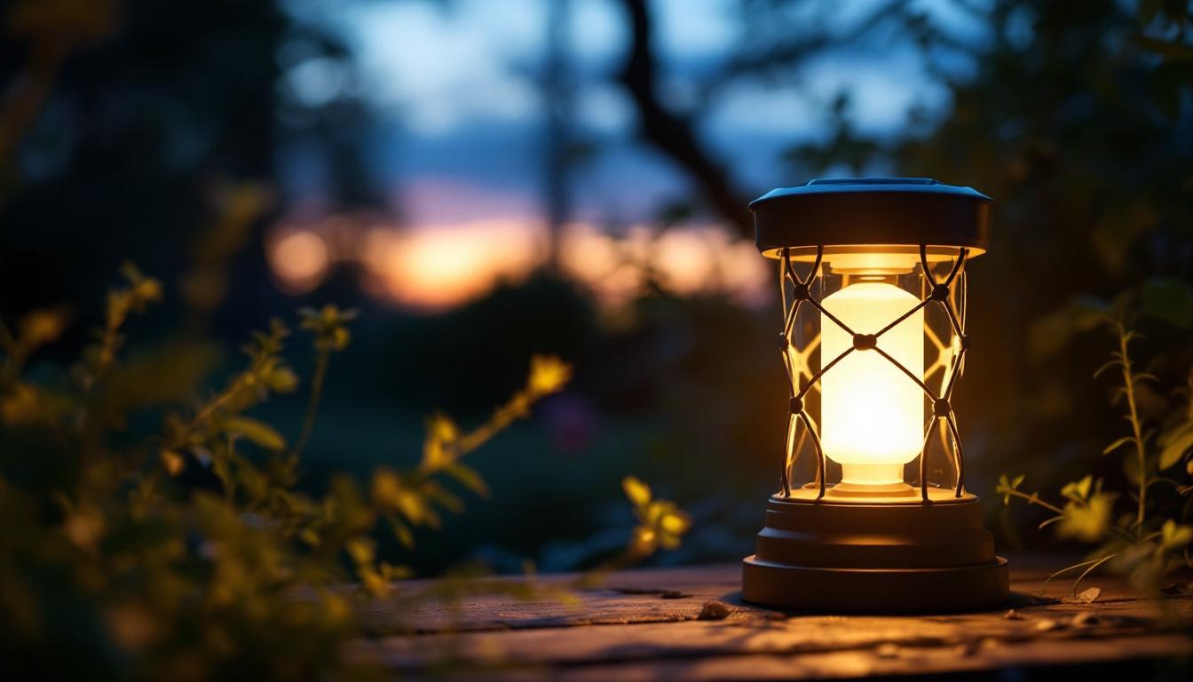 A photograph of a beautifully illuminated outdoor solar led lantern in a natural setting at dusk