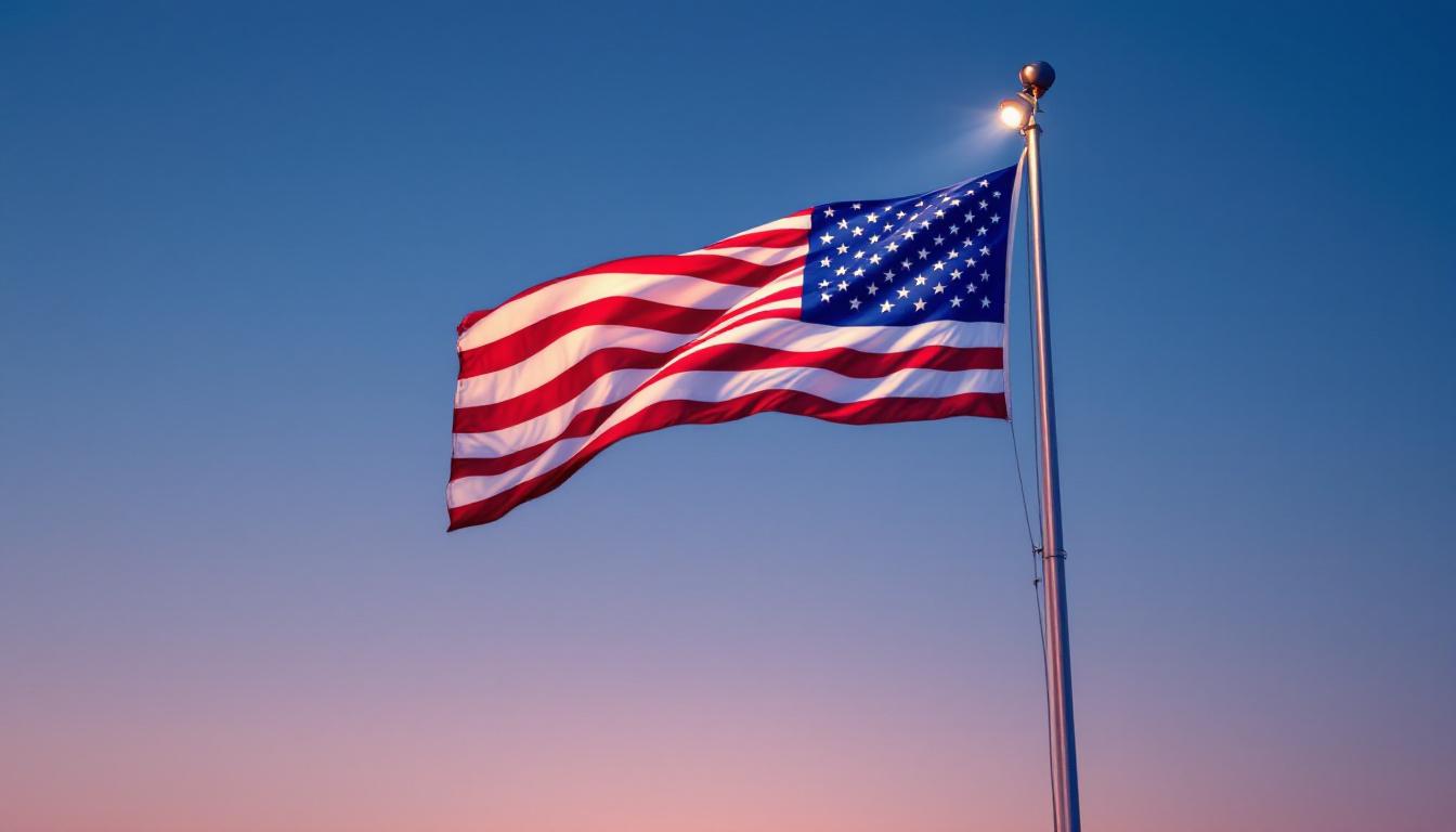 A photograph of a well-lit flagpole at dusk
